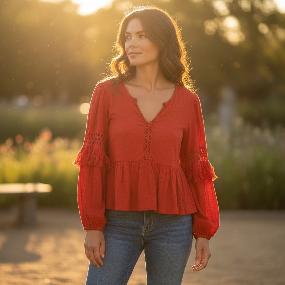 Lucky Brand Boho Long Sleeve Red Fringe Peplum Blouse